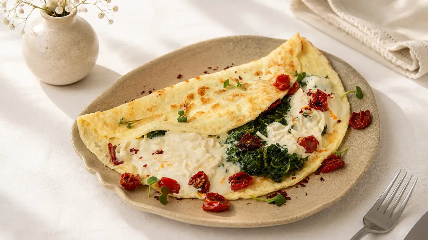 Ispanakly, pendirli we gün şöhlesinde guradylan pomidorly omlet